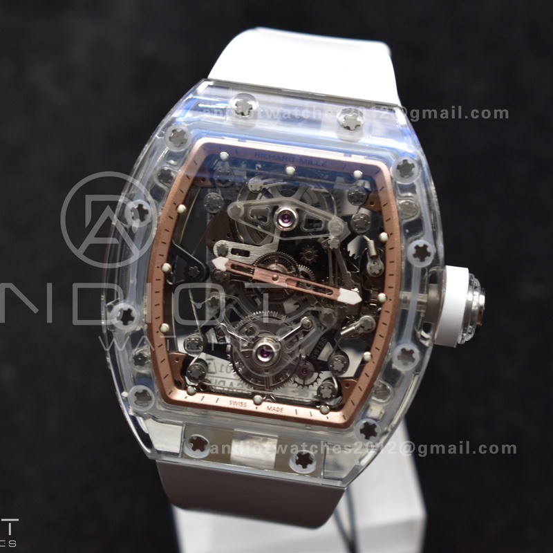 RM56-02 Transparent Tourbillon RMF Best Edition Skeleton Gold Dial on White Rubber Strap